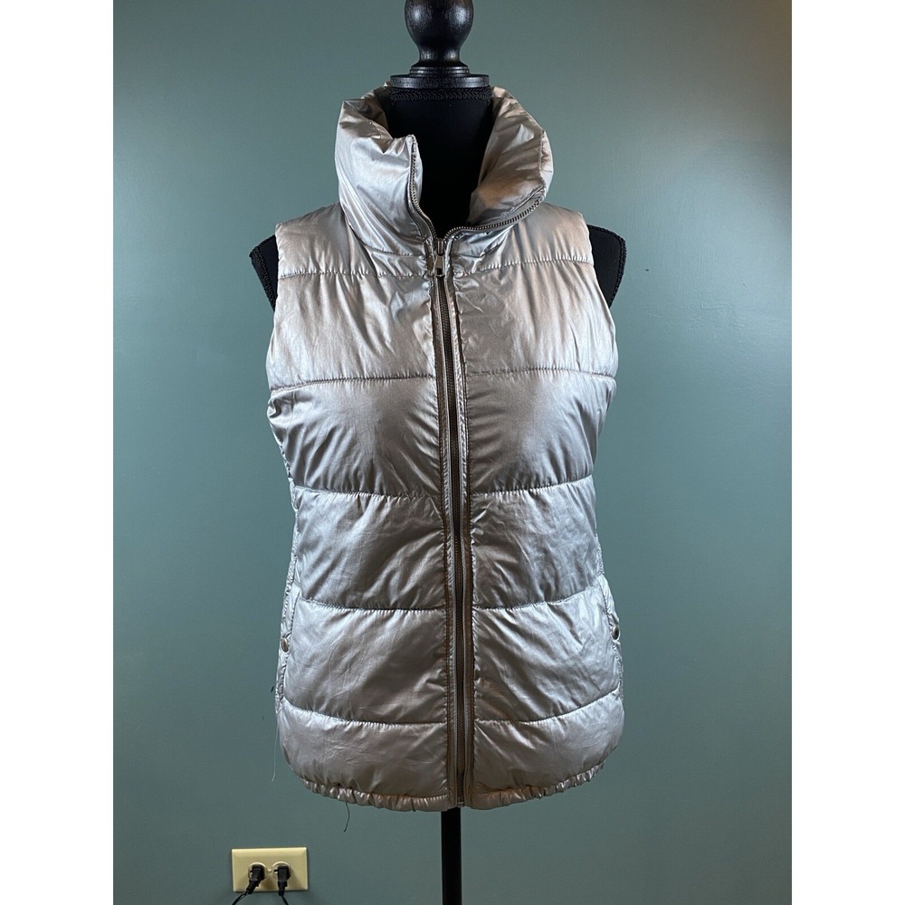 Women's Size XS Metallic Silver Fleece‎ Lined Puffer Vest Pockets